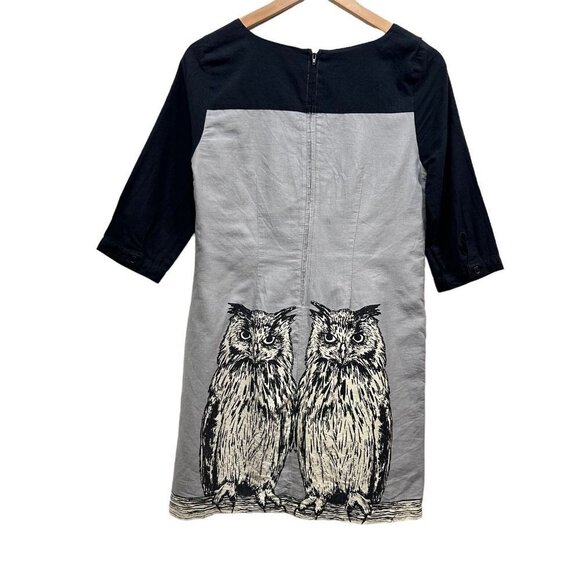 Knitted Dove Dress Gray Black Owl Print3/4 Sleeve Tunic Mini Dress Size S - Picture 2 of 12